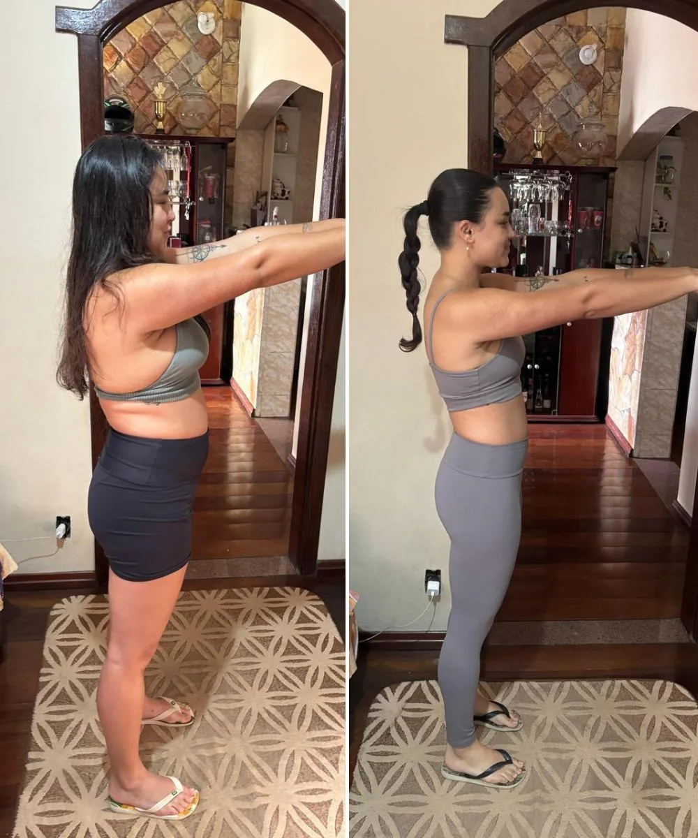 Maria Teresa antes e depois — resultado de aluna presencial do personal trainer Kawan Robert