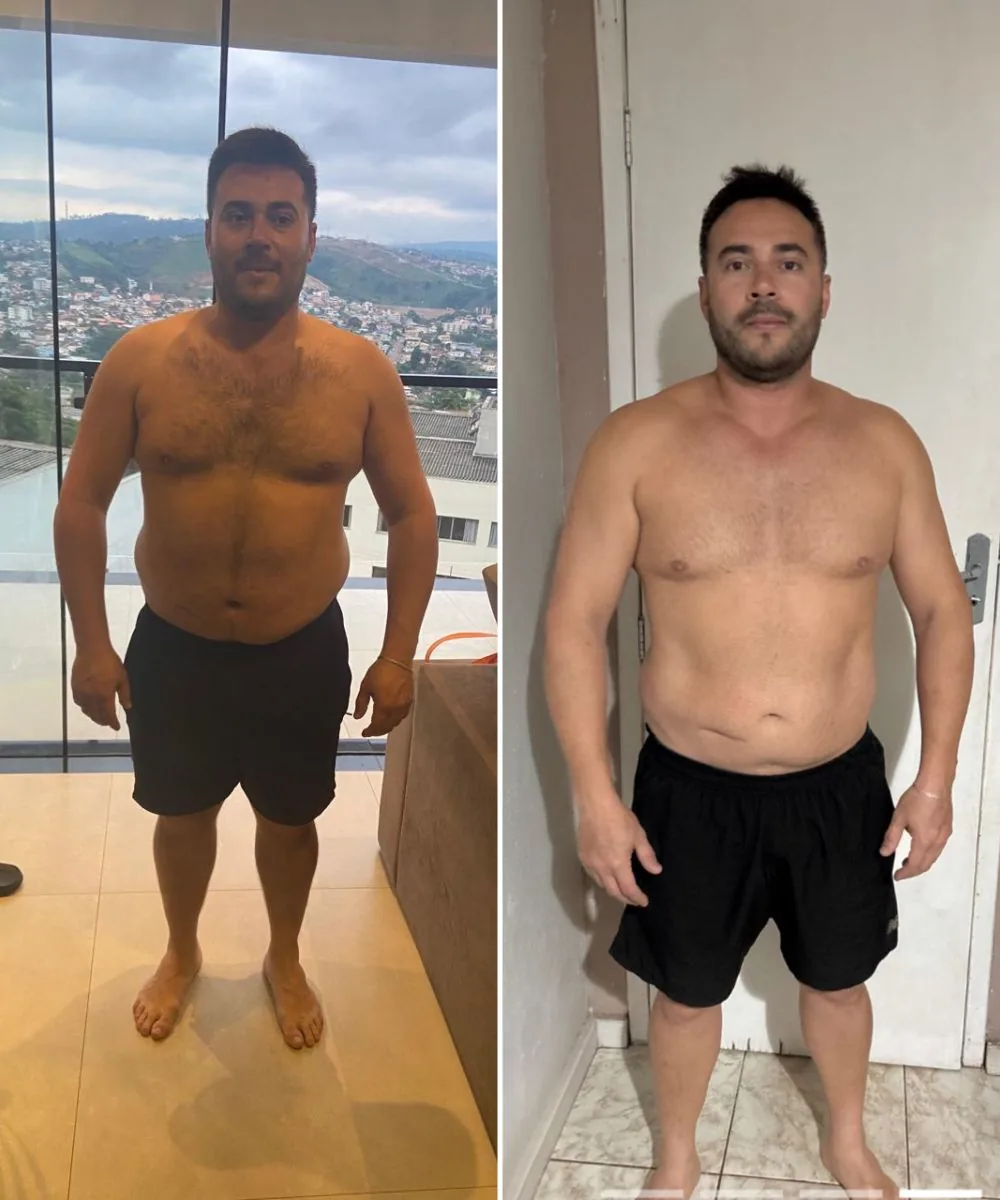 Antes e depois do aluno Luis Henrique — resultado de aluna presencial do personal trainer Kawan Robert